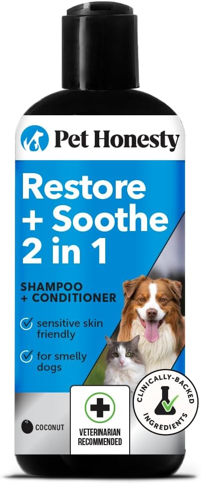 Pet Honesty Restore + Soothe 2 in 1 Shampoo + Conditioner for Sensitive Skin for Dogs & Cats - Dog Skin and Coat Supplement - Soothes Itching, Irritation and Hot Spots (Coconut) - 16oz