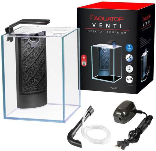 Aquatop Venti Professional Showcase Glass Aquarium Kit, 1-Gal – LED Light, Breza Air Pump, Replaceable Filter Cartridge – All-in-One Freshwater Tanks