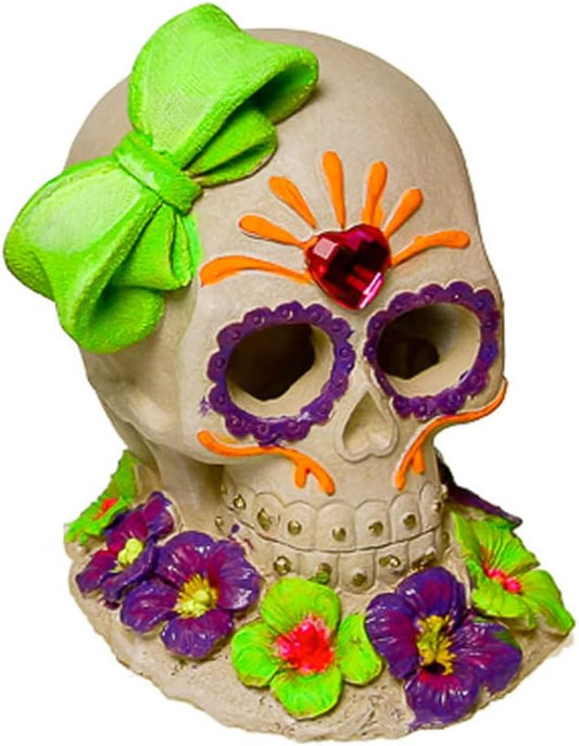 Blue Ribbon Pet Products Sugar Skull with Flower Glow Aquarium Ornament