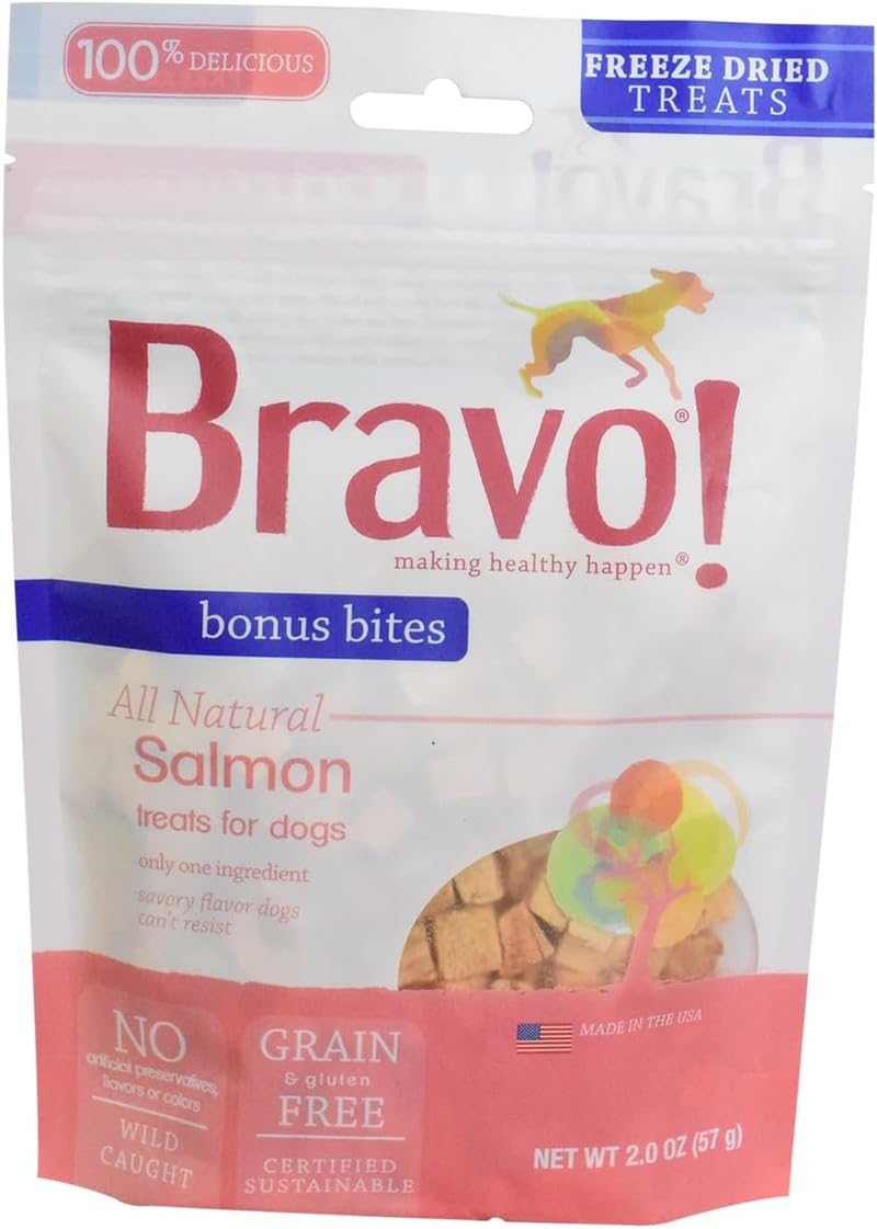 Bravo! Bonus Bites Single Ingredient Freeze Dried Raw Dog Treats, Salmon, 2 Ounce, High Protein, Grain Free, Gluten Free