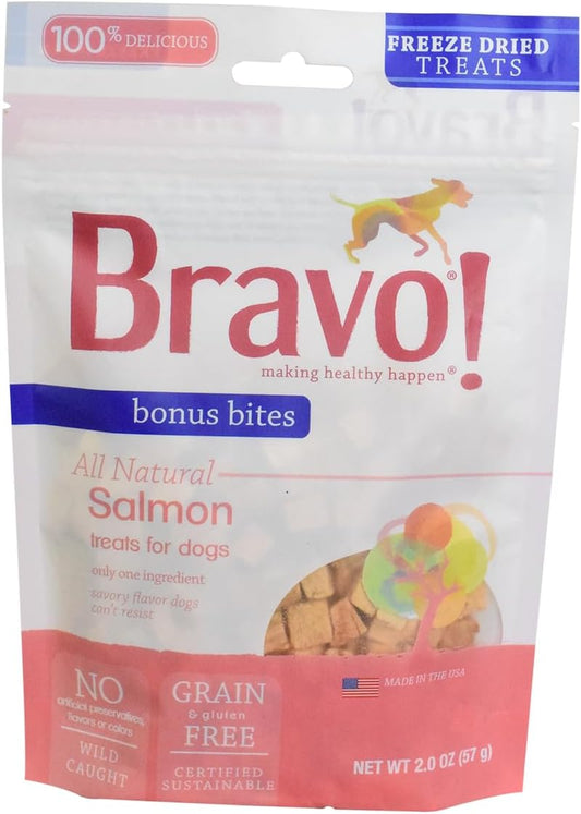 Bravo! Bonus Bites Single Ingredient Freeze Dried Raw Dog Treats, Salmon, 2 Ounce, High Protein, Grain Free, Gluten Free
