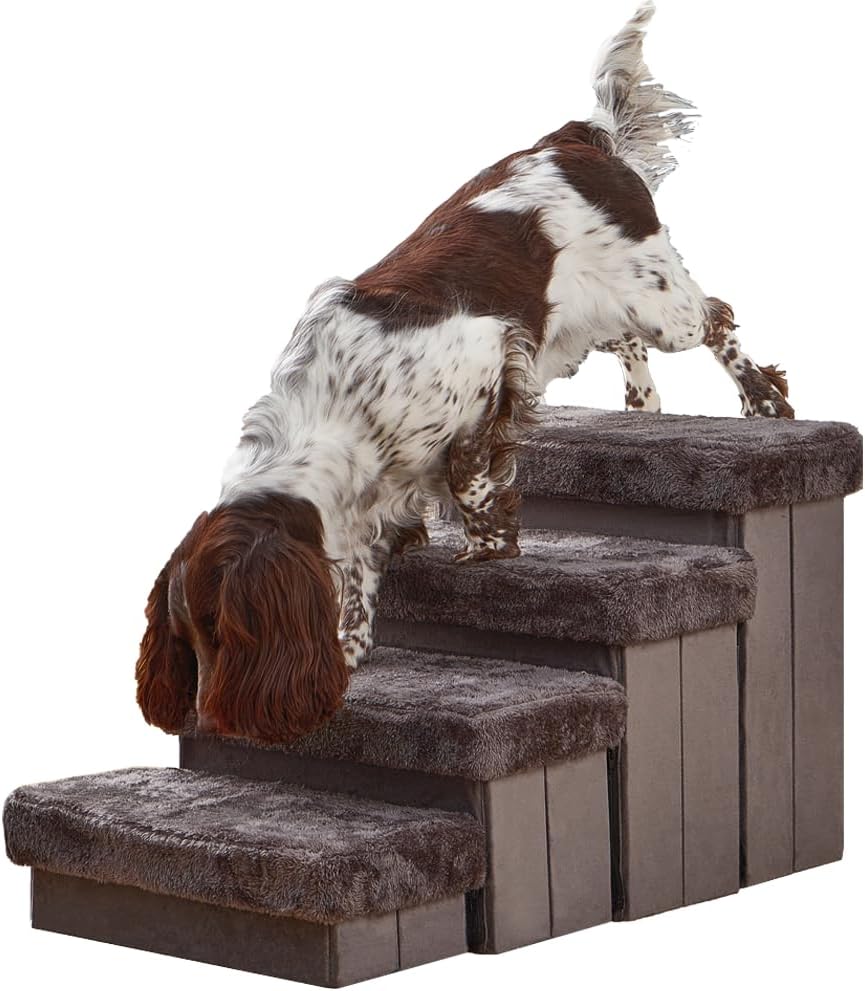Pet Stairs for Dogs and Cats, 4 Steps, Soft Velvet Cover, Wooden Frame, Easy Assembly