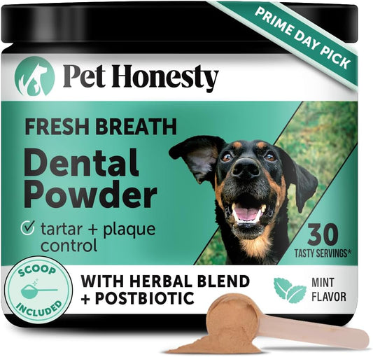Dog Breath Freshener Dental Powder for Teeth Cleaning Plaque Off, Dental Care for Dogs, Tartar Remover for Teeth with Natural Herbal Blend + Postbiotics (Mint - 30 Servings)