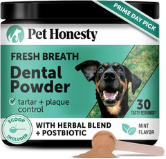 Dog Breath Freshener Dental Powder for Teeth Cleaning Plaque Off, Dental Care for Dogs, Tartar Remover for Teeth with Natural Herbal Blend + Postbiotics (Mint - 30 Servings)