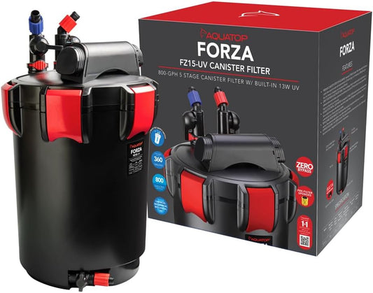 Aquatop Forza 15 UV Premium Canister Filter, 13W UV, 800 GPH – for 360 Gallon Fish Tanks, UV for Crystal Clear Water, Great for Salt & Freshwater Tanks, Including Aquarium Filter Media, FZ15-UV