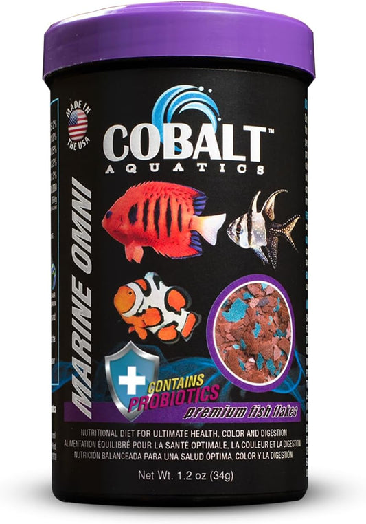 Cobalt Aquatics Marine Omni Flakes - Premium Fish Food with Squid, Salmon & Spirulina - Probiotics & Blue Flakes for Health & Vibrant Color