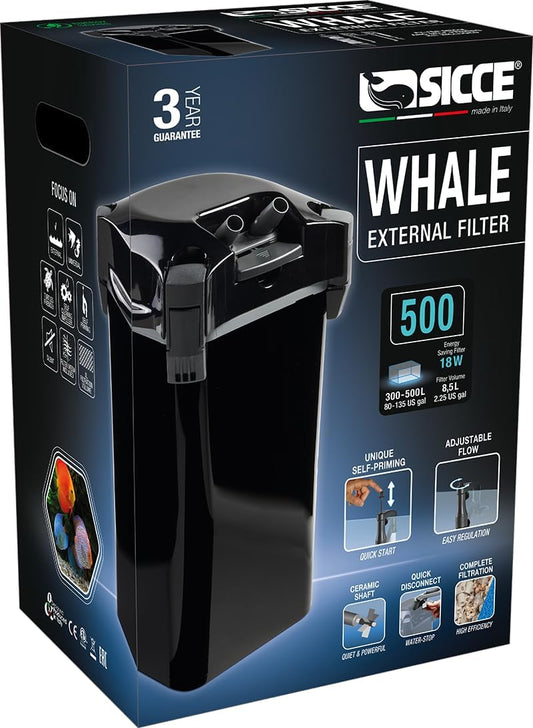 SICCE Whale 500 Aquarium Canister Filter 390 GPH | Ultra-Quiet External Aquarium Multi-Stage Filtration Filter for Both Freshwater and Saltwater Fish Tanks & Aquariums | Self Priming Quick Disconnect