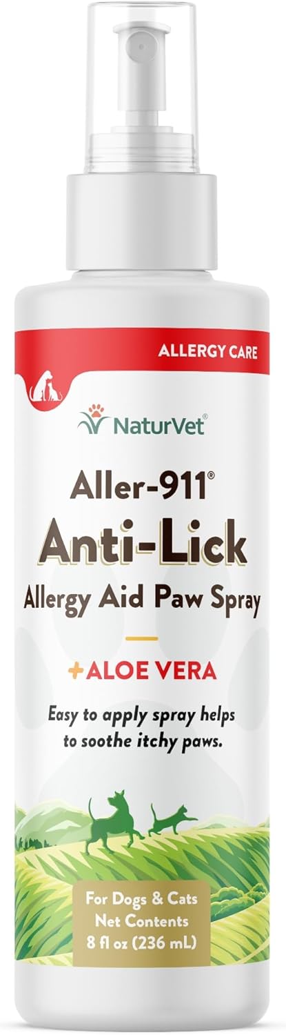 NaturVet Aller-911 Anti-Lick Paw Spray for Dogs & Cats – Includes Aloe Vera – Helps Sooth Itchy Paws, Offers Dog & Cat Allergy Support – Helps Discourage Pet Licking – 8 Oz. Spray