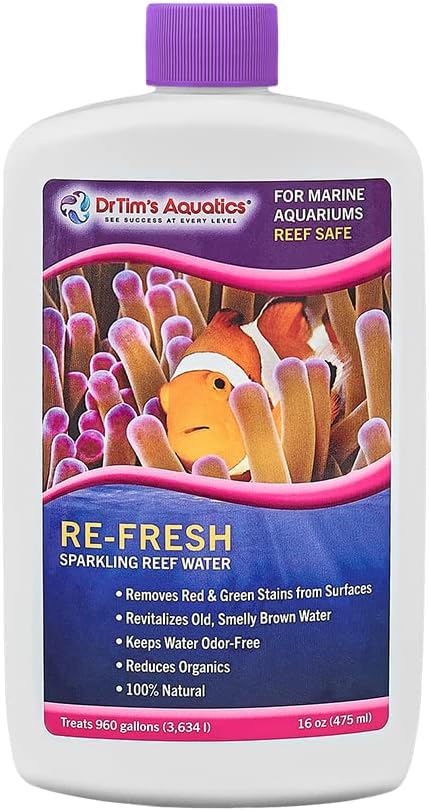 DrTim’s Aquatics Re-Fresh – 16 oz – Natural Water Clarifier for Reef, Nano & Seahorse Aquariums – Removes Green/Brown Water Stains & Odors – 100% Natural Formula