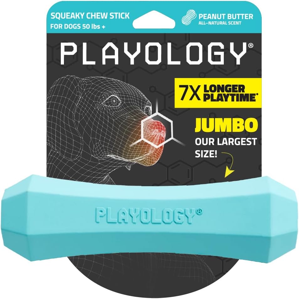Playology Squeaky Chew Stick Dog Toy for Dogs , All-Natural Peanut Butter Scented