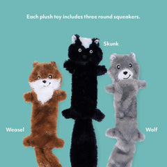 ZippyPaws Skinny Peltz - No Stuffing Dog Toy Pack to Keep Them Busy, for Medium and Large Dogs, Squeaky Pet Toys, Unstuffed Chew Toys, Soft Plush Variety Pack, Weasel, Skunk, and Wolf
