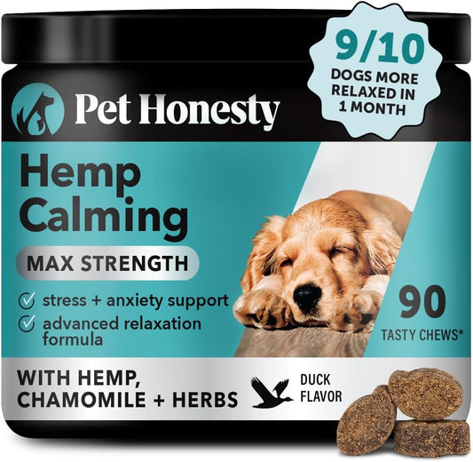 Pet Honesty Natural Hemp Calming Chews for Dogs Maximum Strength - Hemp & Melatonin Dog Anxiety Relief - Calming Aid Supplement with Valerian Root - Stress, Separation & Thunder Support - (Duck 90 Ct)