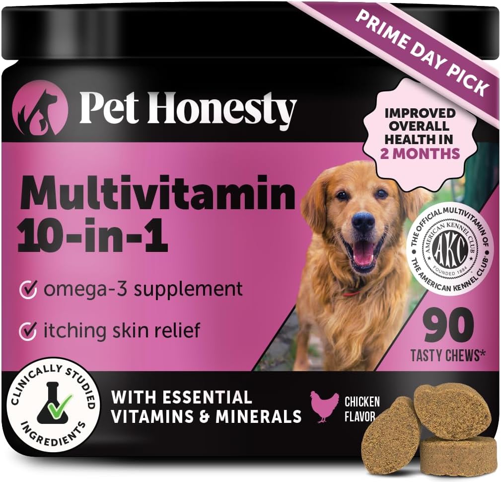 Pet Honesty Multivitamin Dog Supplement, Glucosamine Chondroitin for Dogs, Probiotics, Omega Fish Oil, Dog Supplements & Vitamins, Dog Vitamins for Skin and Coat Allergies, (Chicken 90 ct)