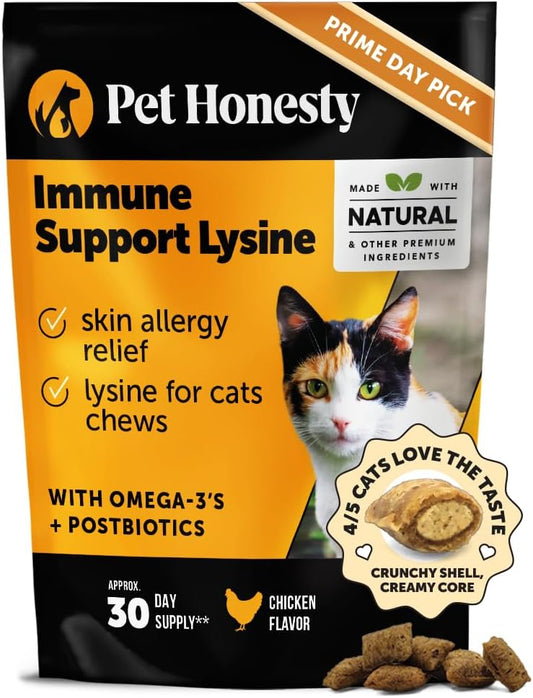 Pet Honesty Cat Immune Support Lysine - Cat Allergy Relief - Sneezing, Runny Nose, Watery Eyes - Cat Supplements & Vitamins with Omega 3s, L-Lysine, Antioxidants, Colostrum - Chicken (30 Day Supply)