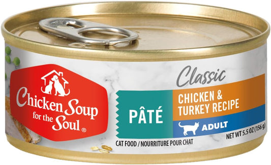 Chicken Soup for the Soul All Natural Premium Adult Wet Cat Food, Real Meat First Ingredient, No By-Products, Artificial Colors, Flavors or Preservatives, Chicken & Turkey Pate, 5.5oz (Pack of 24)
