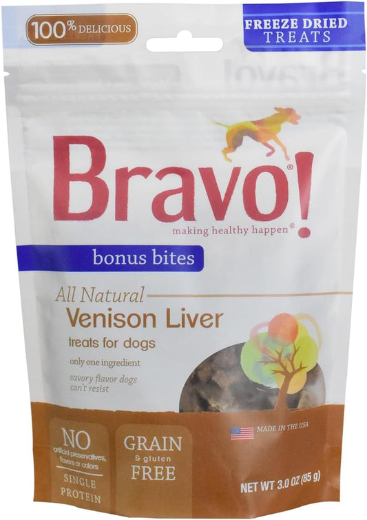 Bravo Bonus Bites Dog Treats Freeze Dried Venison Liver - All Natural - Grain Free - 3 oz
