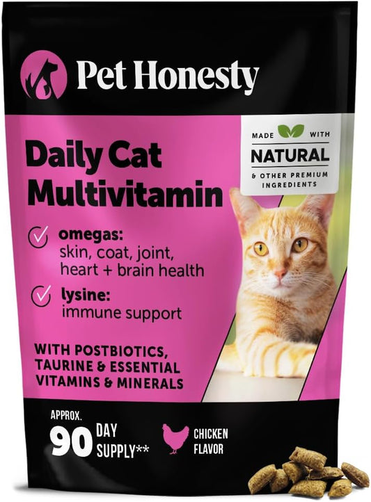 Pet Honesty Cat Multivitamin Chews - Cat Treats for Health + Immune, Cat Joint Support, Skin & Coat, and Digestion | Omega 3s, Lysine for Cats, Cat Probiotic, Cat Vitamins - Chicken (90-Day Supply)
