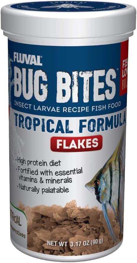 Click to see full view      2+  6 VIDEOS Fluval Bug Bites Tropical Fish Food, Flakes for Small to Medium Sized Fish, 3.17 oz.