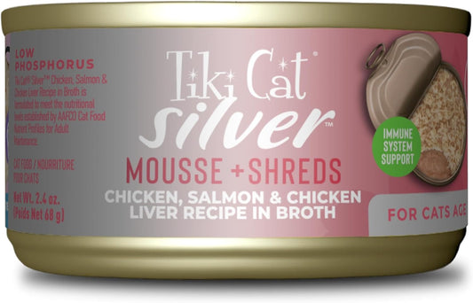 Tiki Cat Silver Comfort Mousse + Shreds, Chicken, Salmon & Chicken Liver Recipe, Immune System Support Formulated for Older Cats Aged 11+, Senior Wet Cat Food