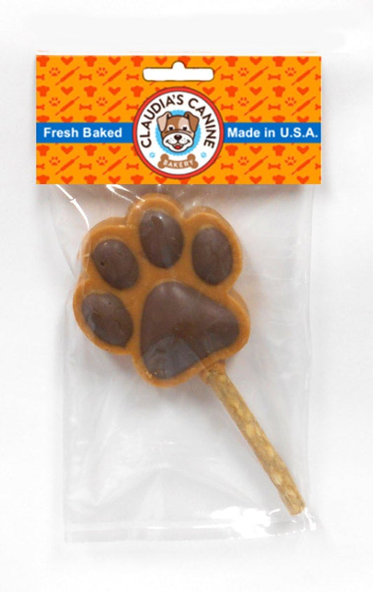 Claudia's Canine Bakery Peanut Butter Paw Print Carob Suckers. Made in The USA 2.5 oz