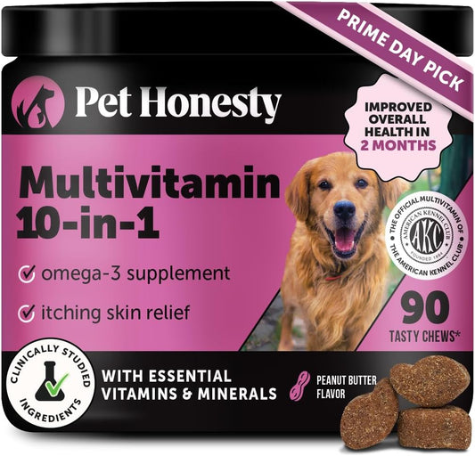 Pet Honesty Multivitamin Dog Supplement, Glucosamine chondroitin for Dogs, Probiotics, Omega Fish Oil, Dog Supplements & Vitamins, Vitamins for Skin and Coat Allergies, (Peanut Butter 90 ct)