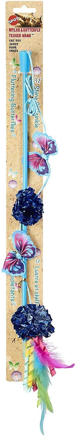 SPOT Mylar & Butterfly Teaser Wand - Cat Toy with Colorful Feathers, Ribbons, Crinkle Mylar Pom-Poms, Fabric Butterflies on Long String to Chase and Wave for Cats to Pounce On, Assorted Colors