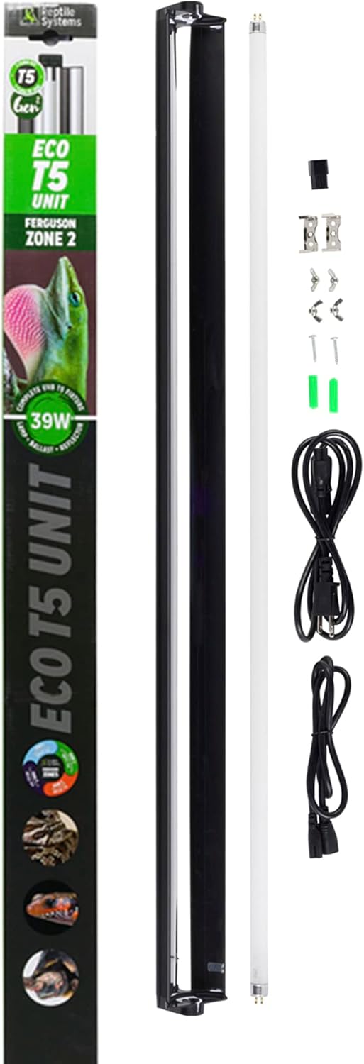 Reptile Systems - Eco T5 High Output Lighting Kit - Dual Reflector Fixture & Ferguson Zone 2 Lamp 6% - Full Spectrum UVA & UVB Amphibian & Reptile Lighting