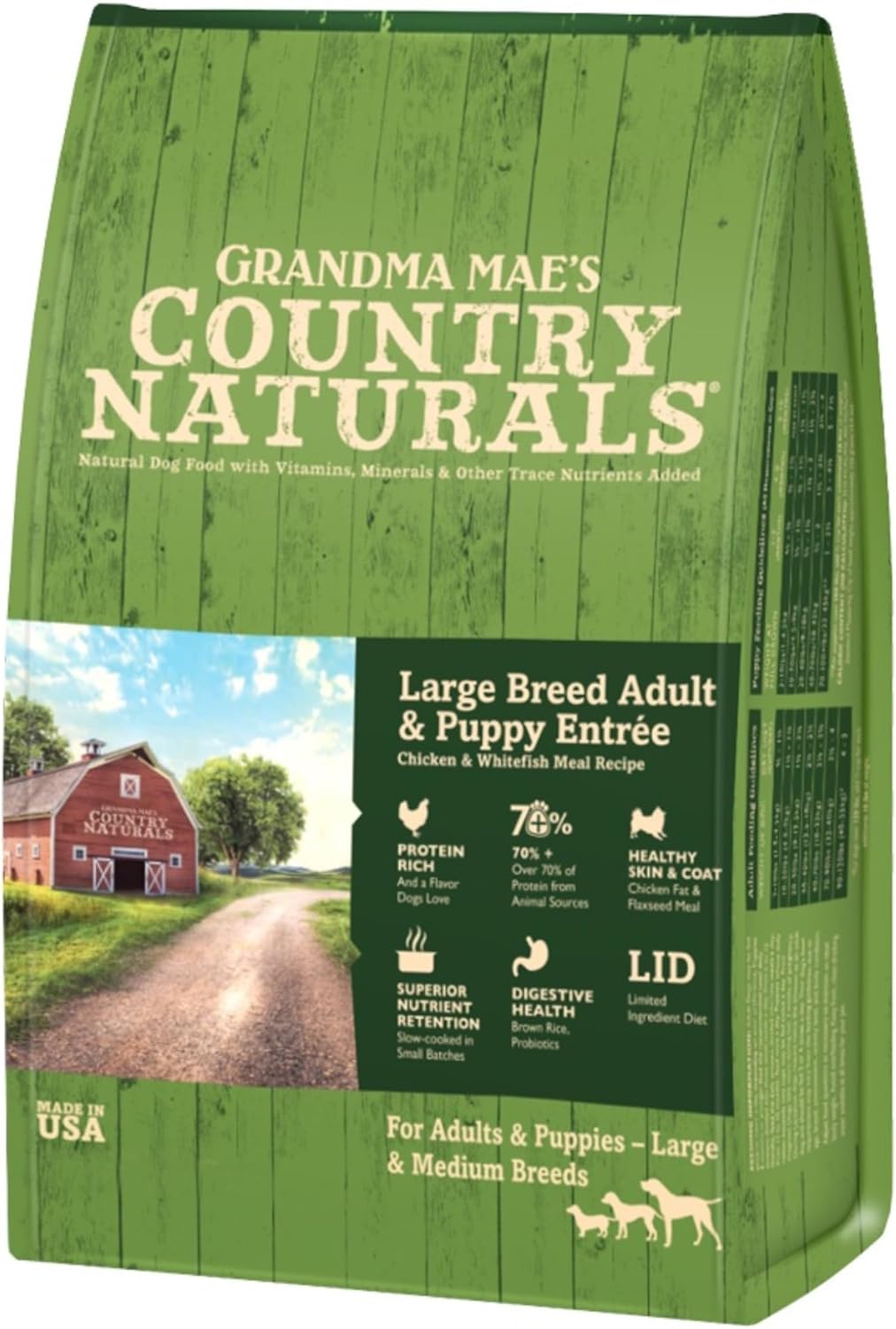 Grandma Mae’s Country Naturals Dry Dog Food, Large Breed Formula, Chicken, Fish & Brown Rice, Slow Cooked & Nutrient Dense, Made in USA