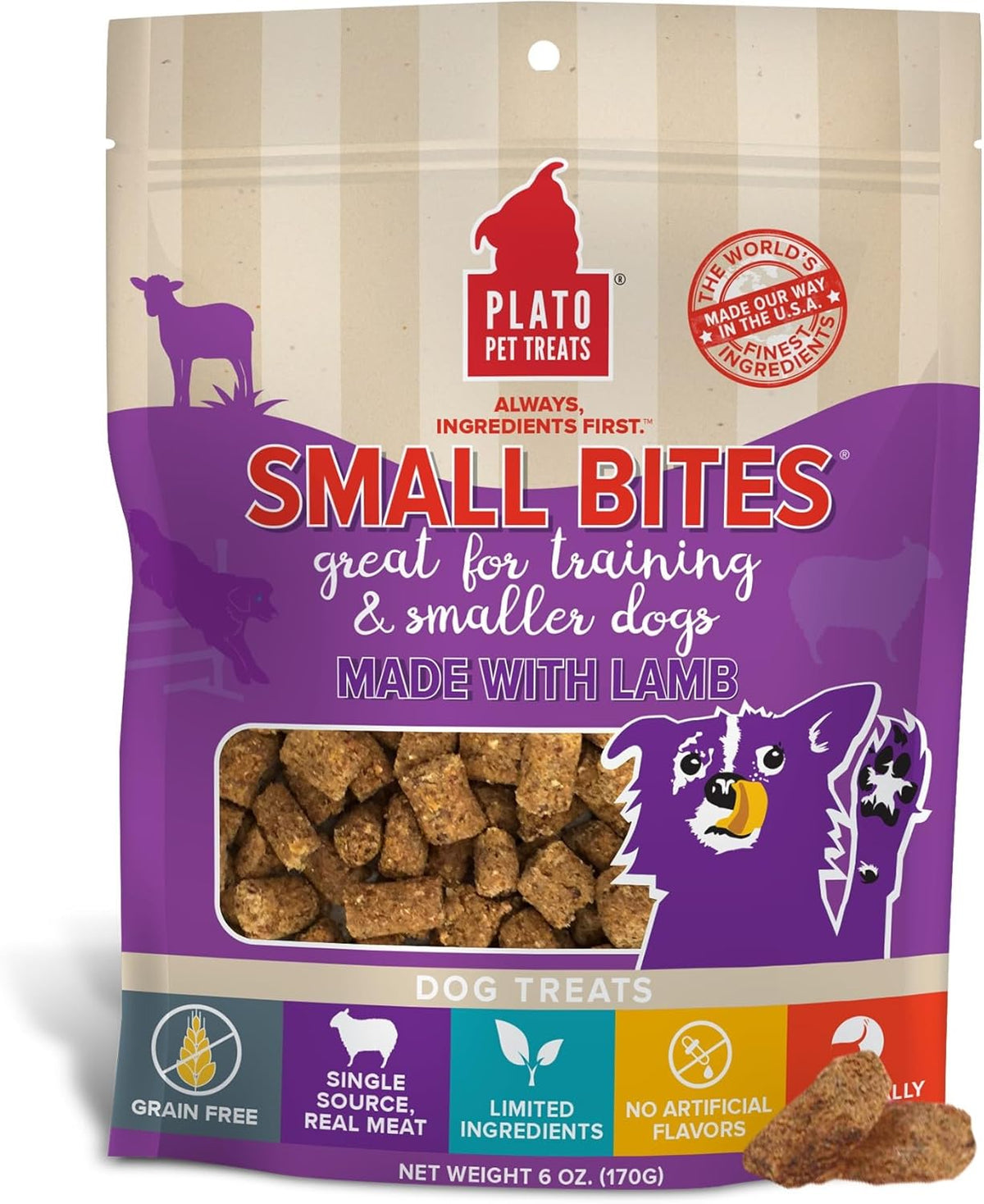 PLATO Pet Treats Small Bites - Air-Dried Training Treats for Dogs - Supports Healthy Digestion - Limited Ingredients - Lamb