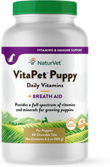 NaturVet VitaPet Puppy Daily Vitamins Plus Breath Aid for Puppies, 60 ct Time Release, Chewable Tablets, Made in The USA with Globally Source Ingredients