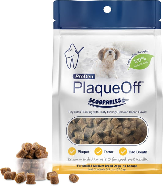 NaturVetProDen PlaqueOff Scoopables - Hickory Smoked Bacon Flavor Dental Bites for Small Dogs, Natural Kelp for Plaque & Tartar Control, Freshens Breath - Small & Medium Breed Dental Care