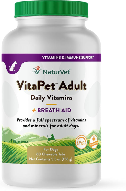 NaturVet VitaPet Adult Daily Vitamins for Dogs With Breath Aid – Includes Full Spectrum of Vitamins, Minerals, Omega-6 Fatty Acids, Parsley – Designed for Dogs Over 1 Year – 60 Ct.