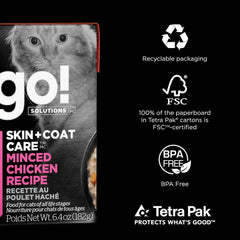 Go! Solutions Skin + Coat Care, Grain-Free Wet Cat Food, Minced Chicken with Gravy Recipe for Sensitive Skin, 6.4 oz