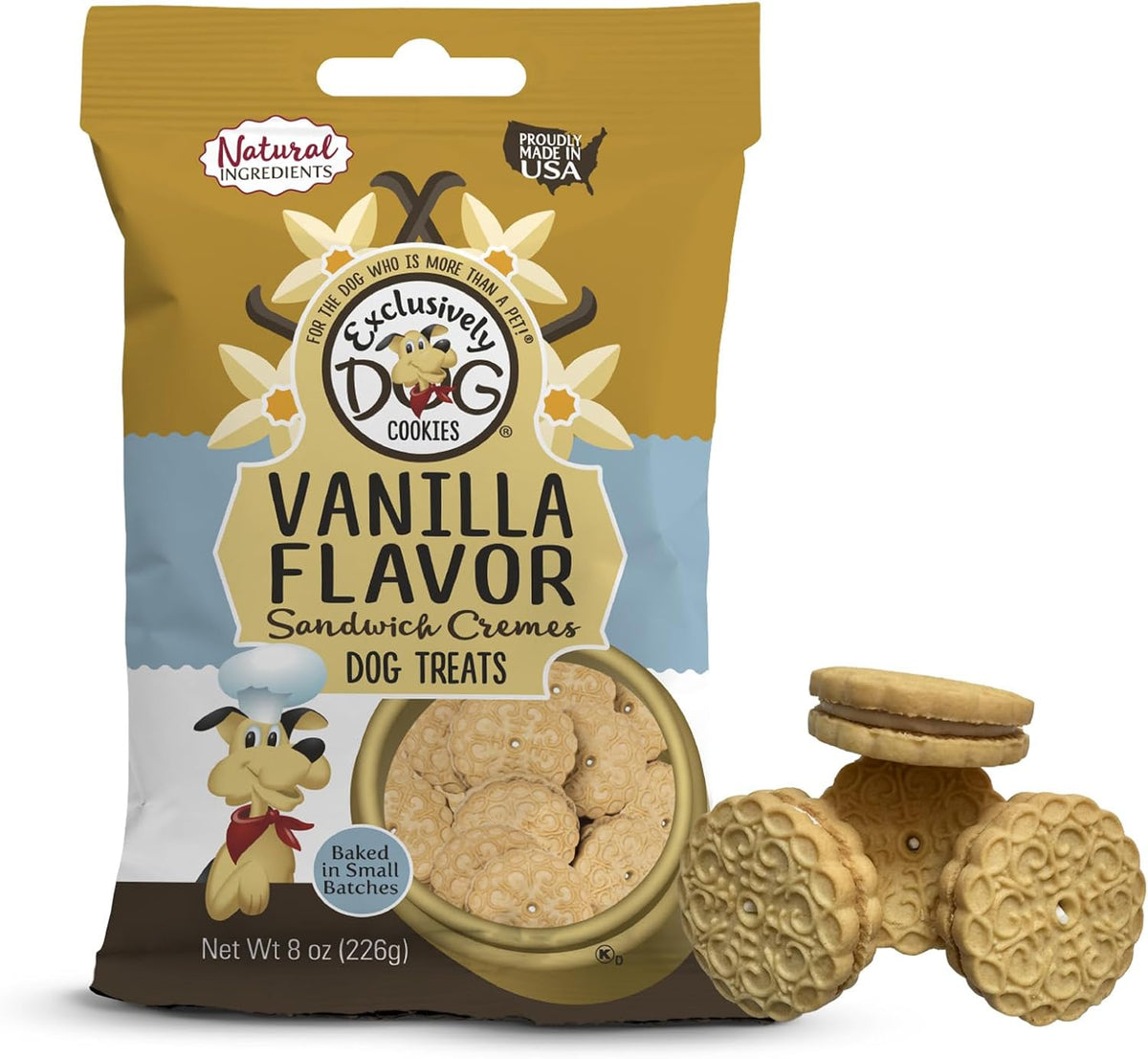 Exclusively Dog Cookies Sandwich Cremes Vanilla Flavor Dog Treats for Medium and Large Dogs, Natural and Made in The USA, 8 oz