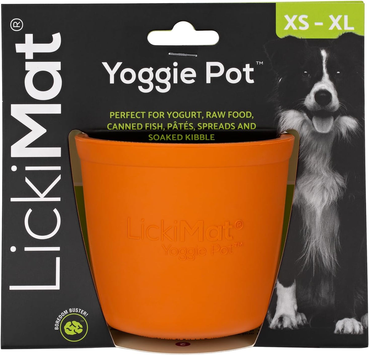 LICKIMAT Yoggie Pot - Distraction, Fun and Enrichment. Long Lasting Rubber Licking Treat Dispenser for All Dog Sizes and Slow Feeder for Small Dogs - Orange