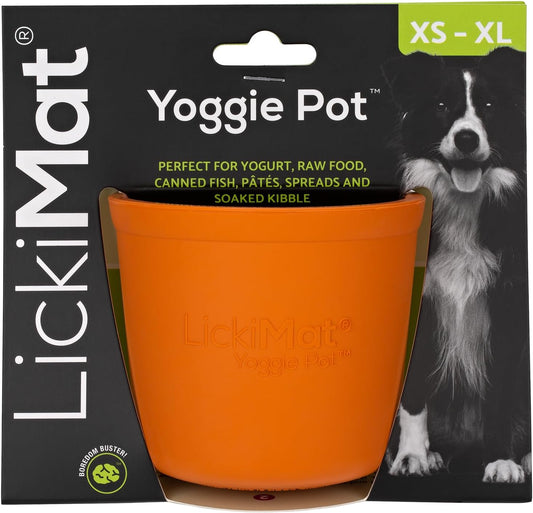 LICKIMAT Yoggie Pot - Distraction, Fun and Enrichment. Long Lasting Rubber Licking Treat Dispenser for All Dog Sizes and Slow Feeder for Small Dogs - Orange