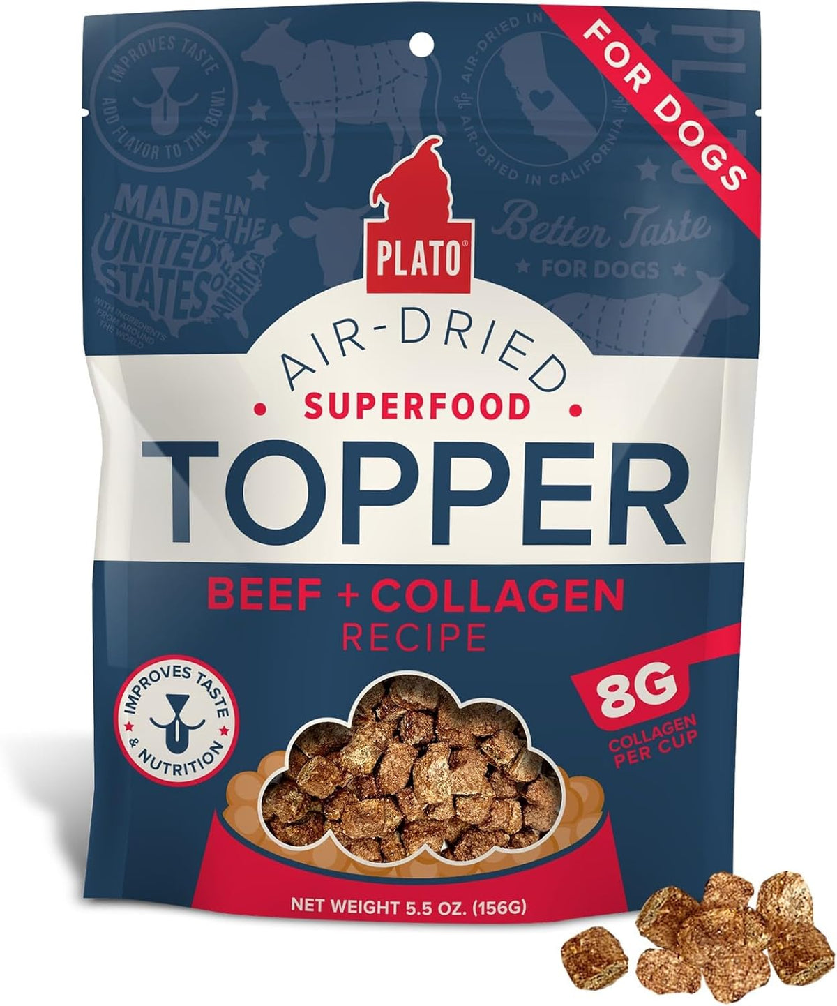 PLATO Pet Treats Dog Food Toppers - Air-Dried Dog Food Toppers for Dry Food - with Collagen to Support Skin and Coat Health - Beef and Collagen Recipe