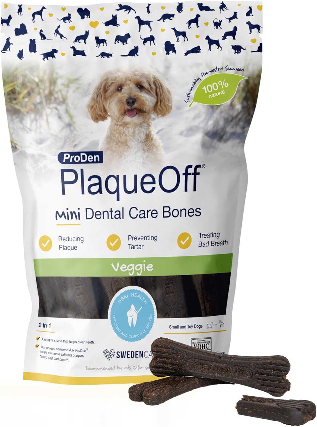 Proden PlaqueOff Sytem Mini Dental Care Bones for Dogs - Vegetable 12 oz, Green, 340G
