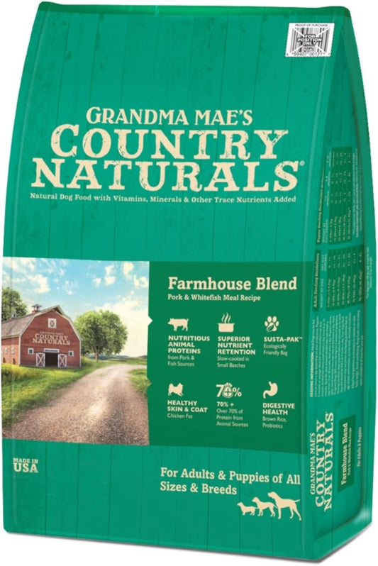 Grandma Mae’s Country Naturals Dry Dog Food, Farmhouse Blend Formula, Pork, Fish & Brown Rice, Slow Cooked & Nutrient Dense, Made in USA, 14 LB Bag