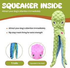 Skinneeez Extreme Stuffless Dog Toy with Squeaker | Extra Strong Plush Tug of War Octopus Squeak Toy for Small and Large Dog Breeds