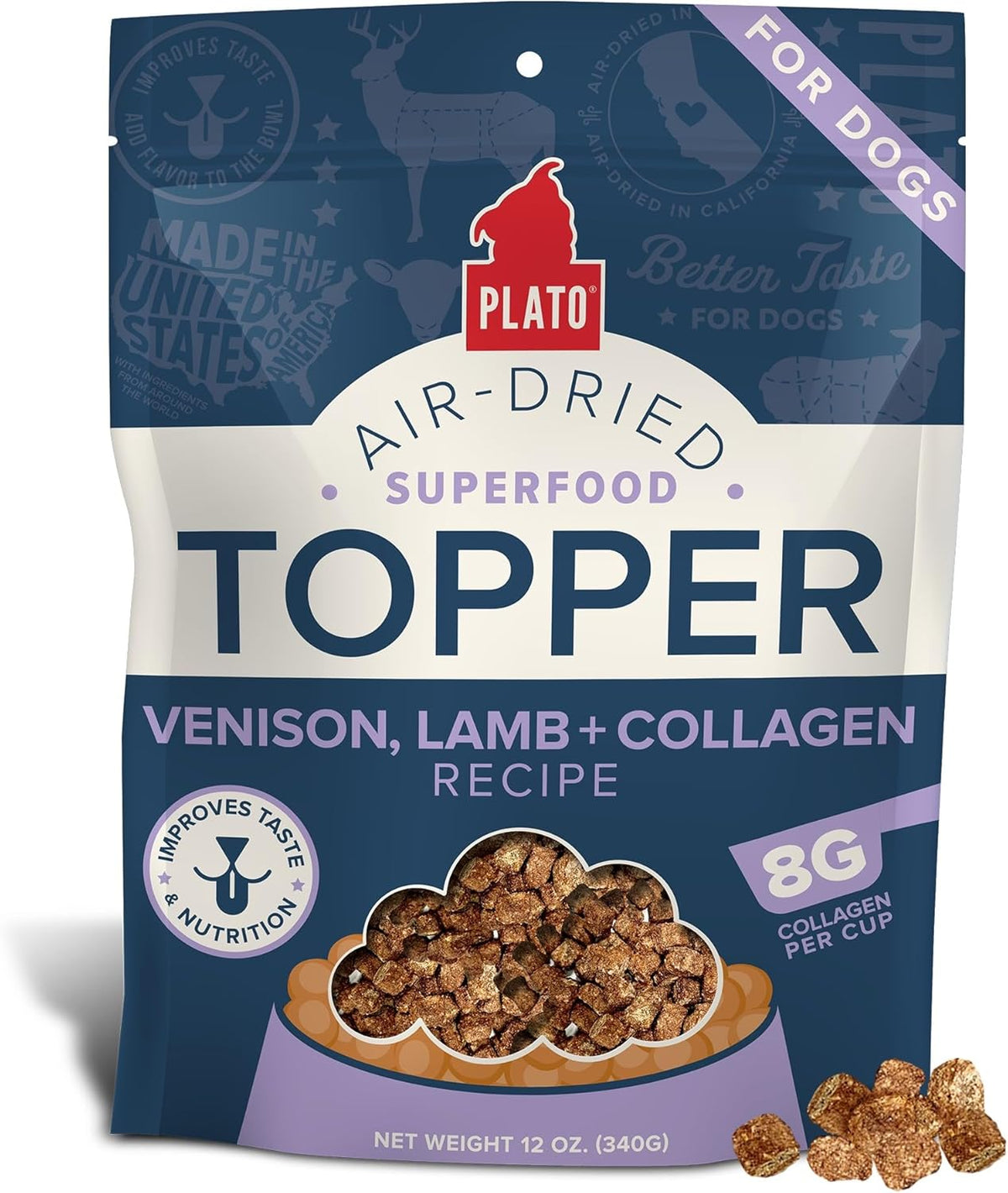 PLATO Pet Treats Dog Food Toppers - Air-Dried Dog Food Toppers for Dry Food - with Collagen to Support Skin and Coat Health - Venison, Lamb and Collagen Recipe