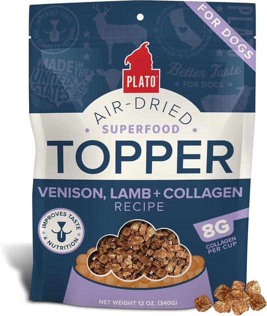 PLATO Pet Treats Dog Food Toppers - Air-Dried Dog Food Toppers for Dry Food - with Collagen to Support Skin and Coat Health - Venison, Lamb and Collagen Recipe