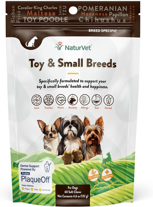 NaturVet Small Breeds Supplement- for Joint Support, Digestion, Skin, Coat Care- Dog Multivitamins with Minerals, Omega-3, PlaqueOff- Wheat-Free Vitamins for Dogs- Toy and Small Breeds