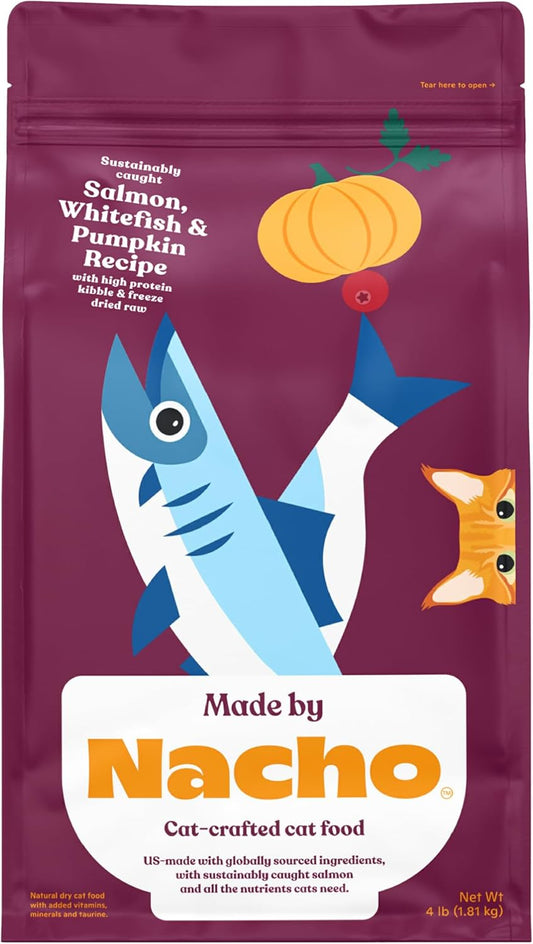 Made by Nacho Premium Dry Cat Food High Protein Kibble withFreeze Dried Pieces for Enhanced Nutrition and Flavor 4lb Bag (Sustainably-Caught Salmon, Whitefish & Pumpkin), Limited Ingredients