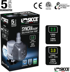 SICCE Syncra Silent 2.0 Multifunction 568 GPH Submersible Water Pump | Italian Made 35W Ultra Quiet Durable Aquarium Fish Tank, Fountain, Pond, Hydroponics, Terrarium Black | Freshwater & Saltwater