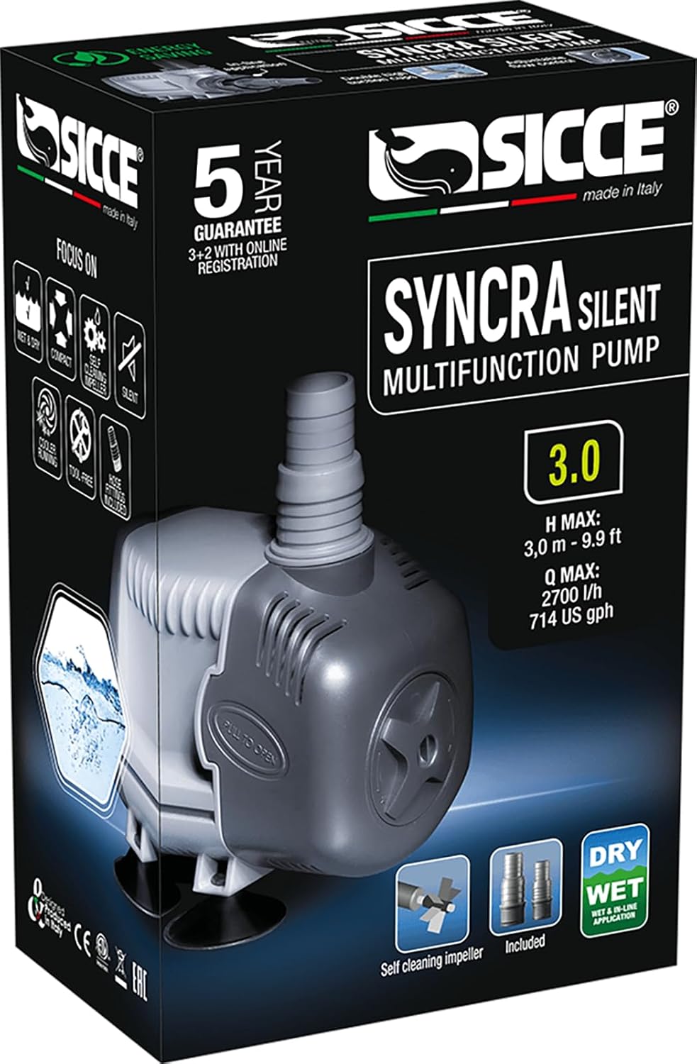 SICCE Syncra Silent 3.0 Multifunction 714 GPH Submersible Water Pump | Italian Made 48W Ultra Quiet Durable Aquarium Fish Tank, Fountain, Pond, Hydroponics, Terrarium Black | Freshwater & Saltwater