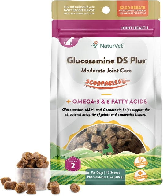 NaturVet Scoopables Dog Joint Supplement - Glucosamine DS Plus Level 2 Moderate Hip & Joint Care for Dogs w/Chondroitin & MSM - Hickory Smoked Bacon Flavored Pet Health Supplements