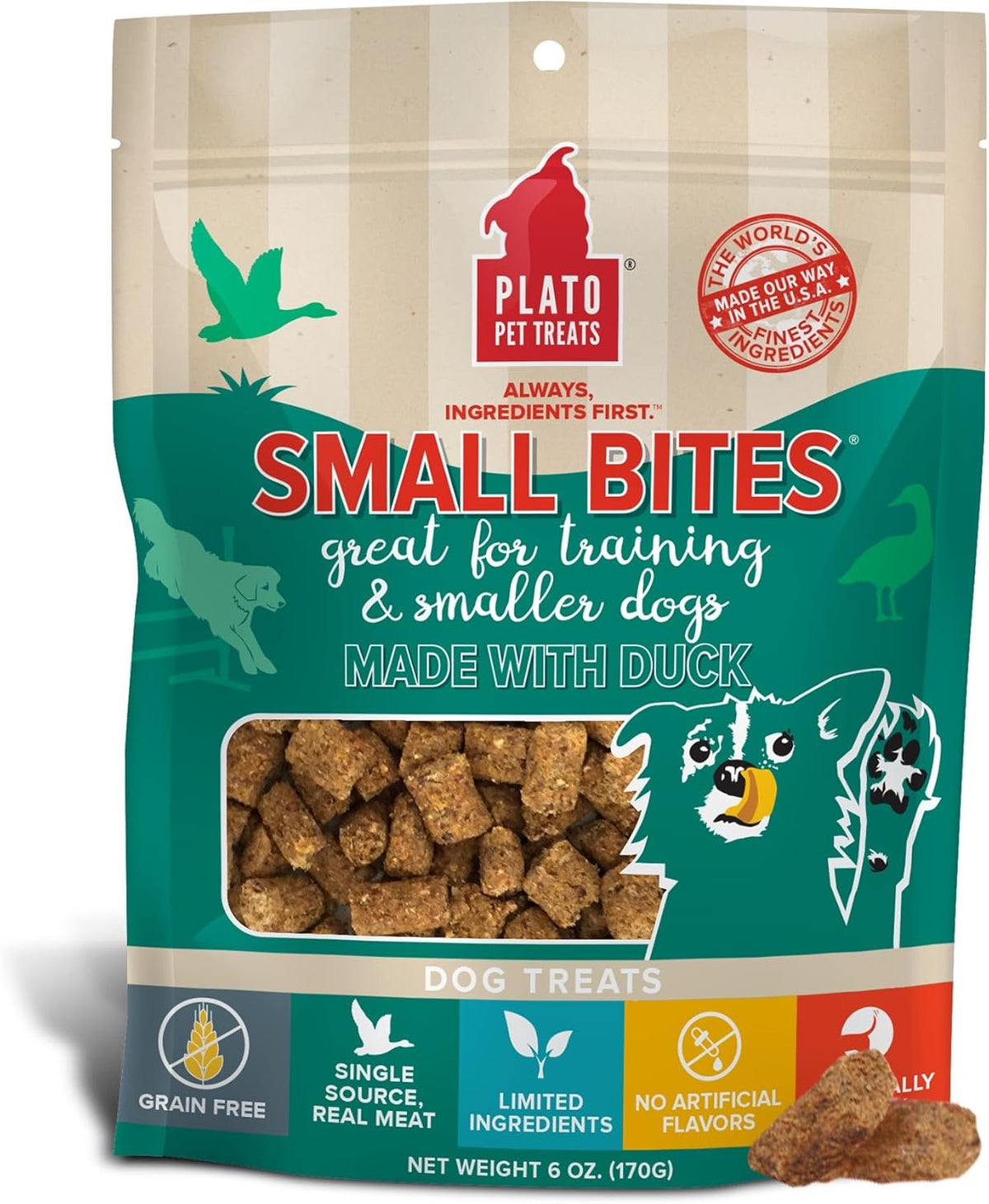 Plato Pet Treats Air Dried Small Bites Dog Treats, Natural Bite Sized Real Meat & Duck, Grain Free & High Protein, Made in the USA