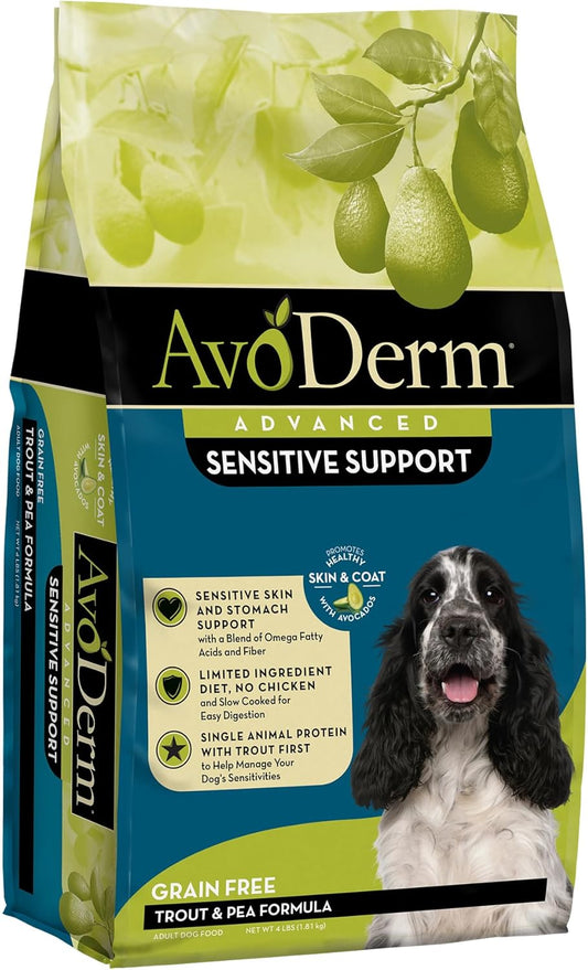 AvoDerm Advanced Sensitive Support Grain-Free Trout & Pea Formula Dry Dog Food, Sensitive Stomach, 4lb