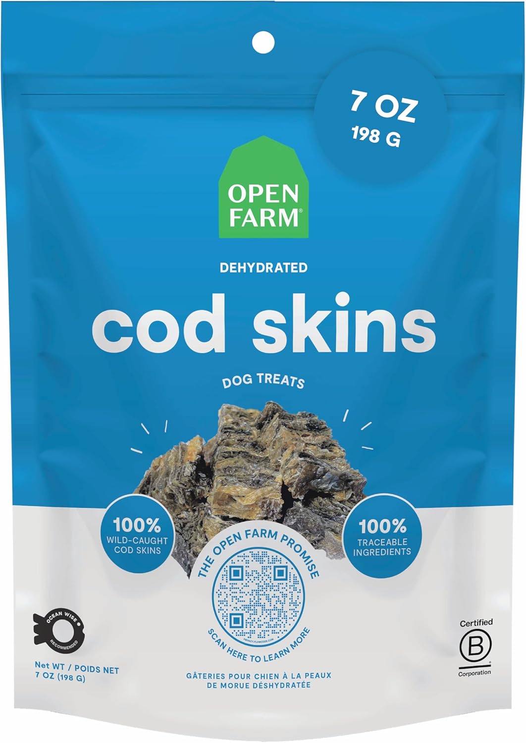 Open Farm, Dehydrated Dog Treats, High Protein & Low Carbohydrate Cod Skins, Crunchy Texture, Single Ingredient Wild-Caught Cod Skins Recipe, 7oz Bag Bulk-Size